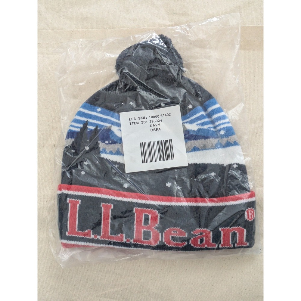 LL Bean Navy Blue Winter Pom Beanie‎ Hat Mountain Landscape OSFA 296924 NEW